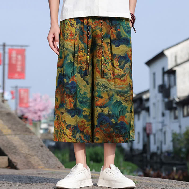 Buddha Stones 夏物 ヴィンテージ カジュアル ドローストリング 鶴柄 メンズ クロップドパンツ ポケット付き - ダークターコイズ - US/UK/AU48, EU58 （5XL） - image 0