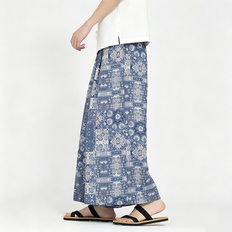 Buddha Stones 夏物 ボヘミアン カジュアル ドローストリング 花柄 カプリパンツ メンズ ワイドレッグパンツ ポケット付き - image 4