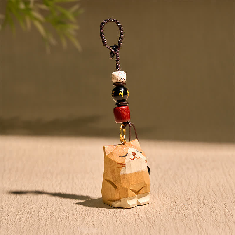 Buddha Stones 手彫りの木製猫オーム・マニ・パドメ・フム平和キーホルダー - image 1