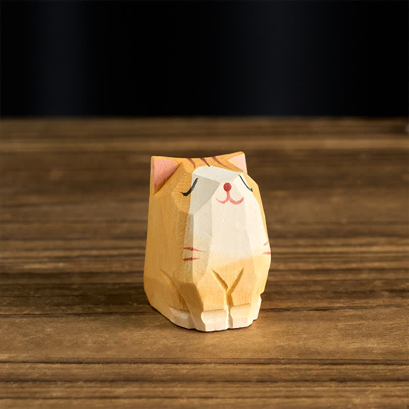 Buddha Stones 天然木風のオレンジ色の猫の手彫りのかわいい動物装飾 - image 1