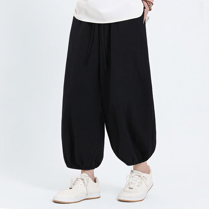 Buddha Stones 夏物タン・スタイル カジュアル ドローストリング 無地 クロップドパンツ メンズ ハーレムパンツ ポケット付き - image 13