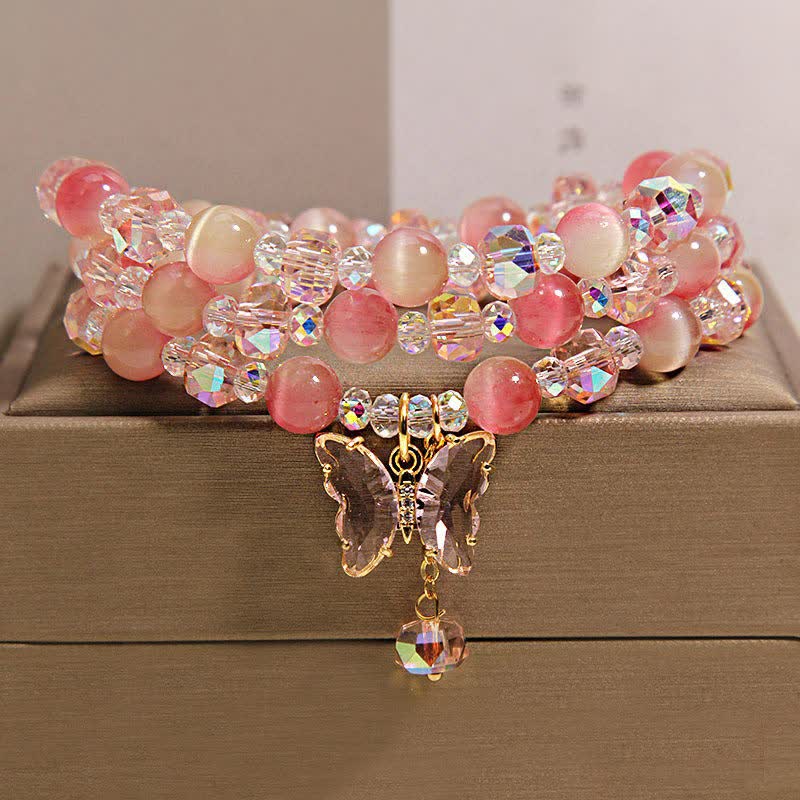 Buddha Stones ピーチキャッツアイバタフライラブトリプルラップファセットブレスレット - image 1