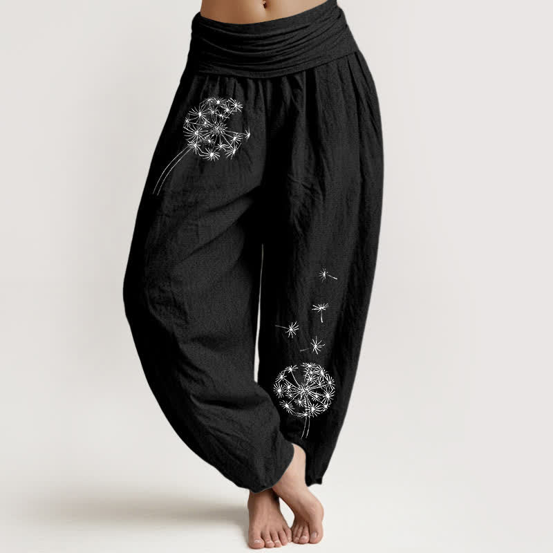 Buddha Stones 純綿タンポポの種柄 レディース ゴムウエスト ハーレムパンツ - 黒 - US16、 UK/AU20、 EU48 (3XL) - image 5