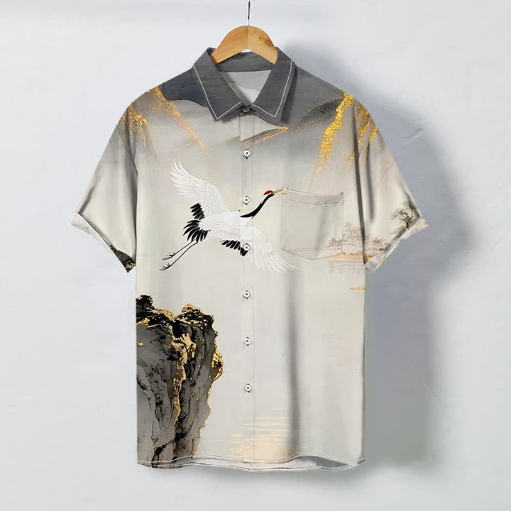 Buddha Stones 墨鶴山柄ボタン付きしわになりにくいメンズ半袖シャツ - グレー - US/UK/AU48、 EU58 (4XL) - image 0