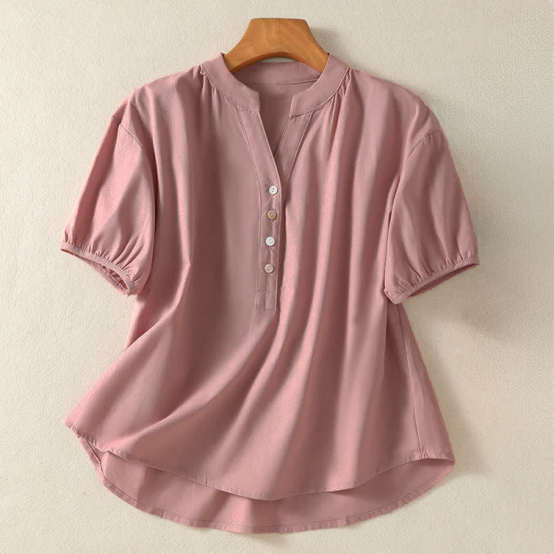 Buddha Stones 夏物カジュアルミニマリストボタンアップ無地レディース半袖シャツ - ライトピンク - US12, UK/AU16, EU44 （2XL） - image 0