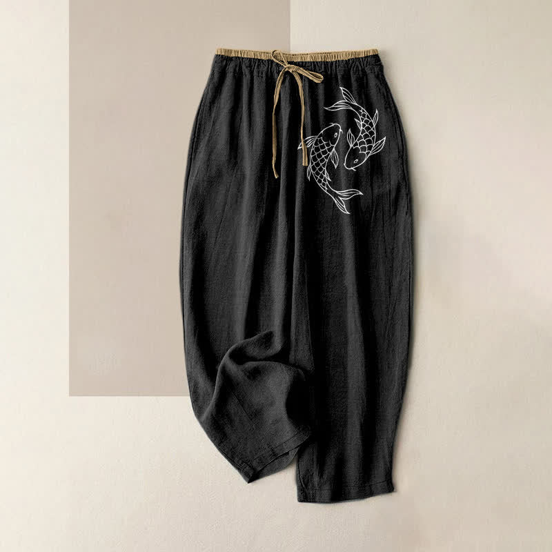 Buddha Stones 純綿素材、鯉入り、ポケット付きレディースパンツ - 黒 - US16、 UK/AU20、 EU48 (3XL) - image 4