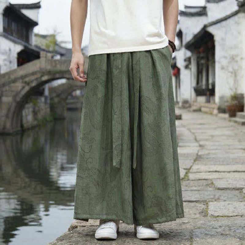 Buddha Stones 夏物カジュアル唐草風ドローストリングドラゴンアンクルパンツメンズワイドレッグパンツ - image 1