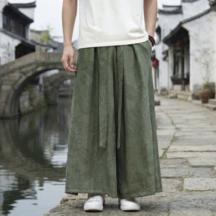 Buddha Stones 夏物カジュアル唐草風ドローストリングドラゴンアンクルパンツメンズワイドレッグパンツ - image 1