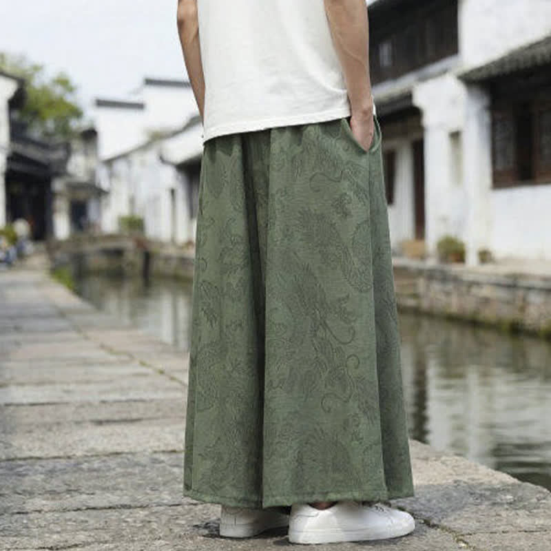 Buddha Stones 夏物カジュアル唐草風ドローストリングドラゴンアンクルパンツメンズワイドレッグパンツ - image 4