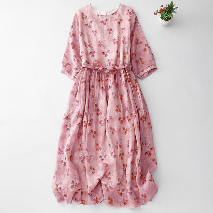 Buddha Stones 夏物カジュアルエレガントドローストリング花柄レディース肘丈袖ポケット付きワンピース - ピンク - US14, UK/AU18, EU46 （2XL） - image 0