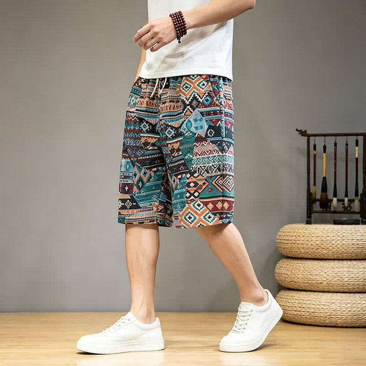 Buddha Stones夏用 カジュアル ボヘミアン ドローストリング 幾何学模様 メンズ ショートパンツ ポケット付き - image 12