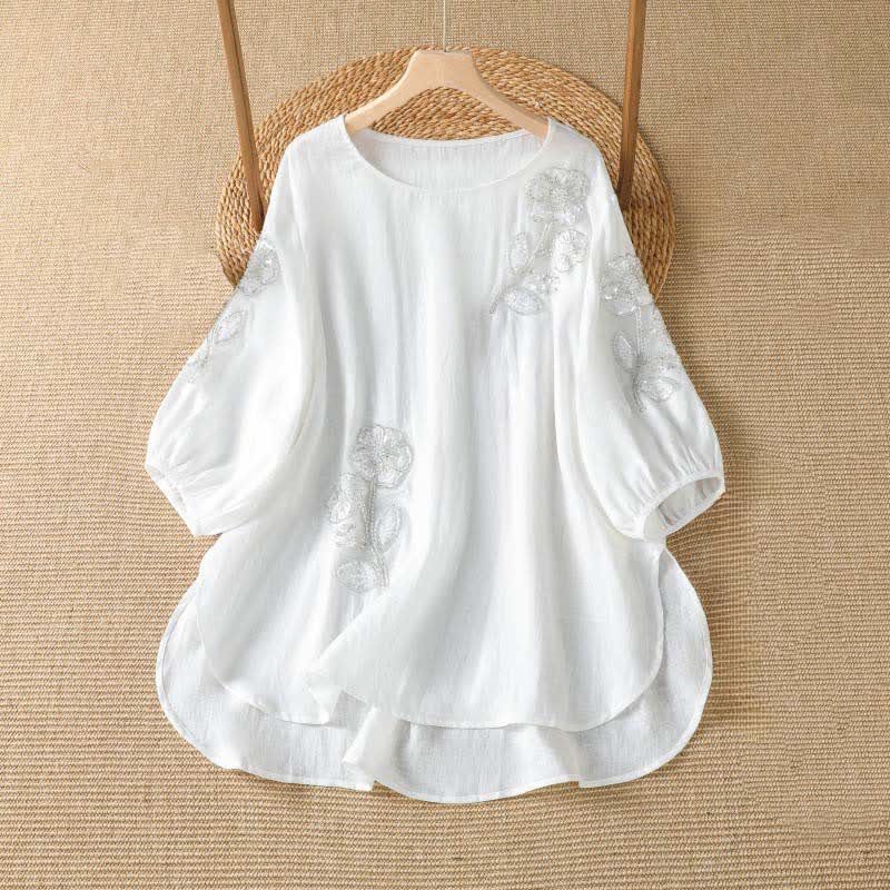 Buddha Stones 夏物カジュアルエレガント刺繍入りホワイト花柄クルーネックレディース長袖Tシャツ - 白 - US14, UK/AU18, EU46 （2XL） - image 6