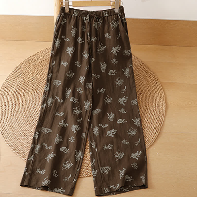Buddha Stones 夏物カジュアルヴィンテージドローストリング花柄アンクルパンツレディースワイドレッグパンツポケット付き - image 1