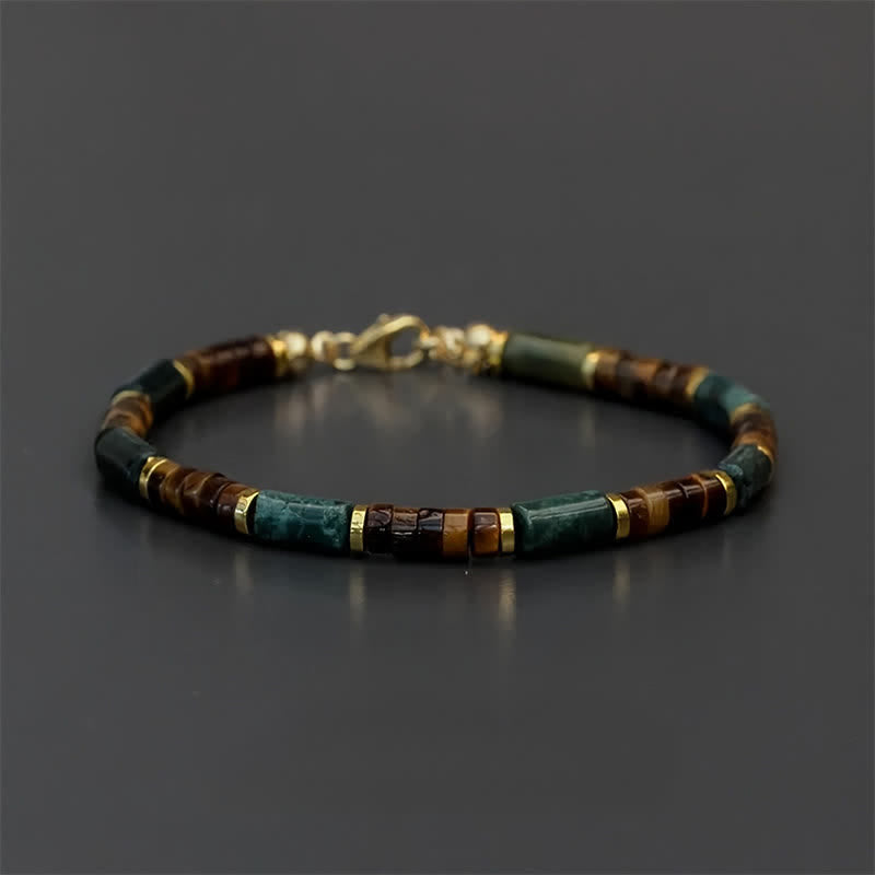 Buddha Stones、ラピスラズリ、インド瑪瑙、タイガーアイの円筒形ビーズの知恵のブレスレット - 延長チェーンなし（手首周り：18～19cm） - image 0