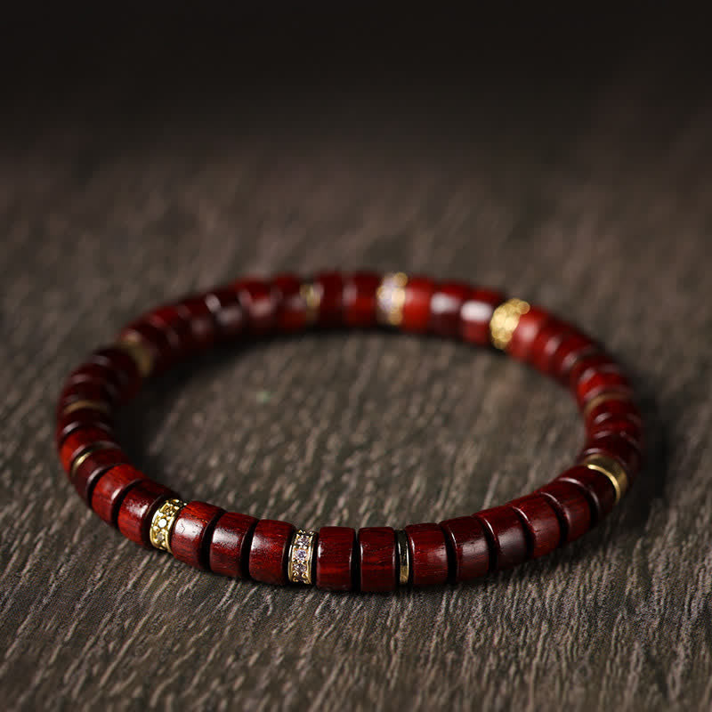 Buddha Stones レッドローズウッドと黒檀を使用した、バレルビーズのミニマリストブレスレット - image 1