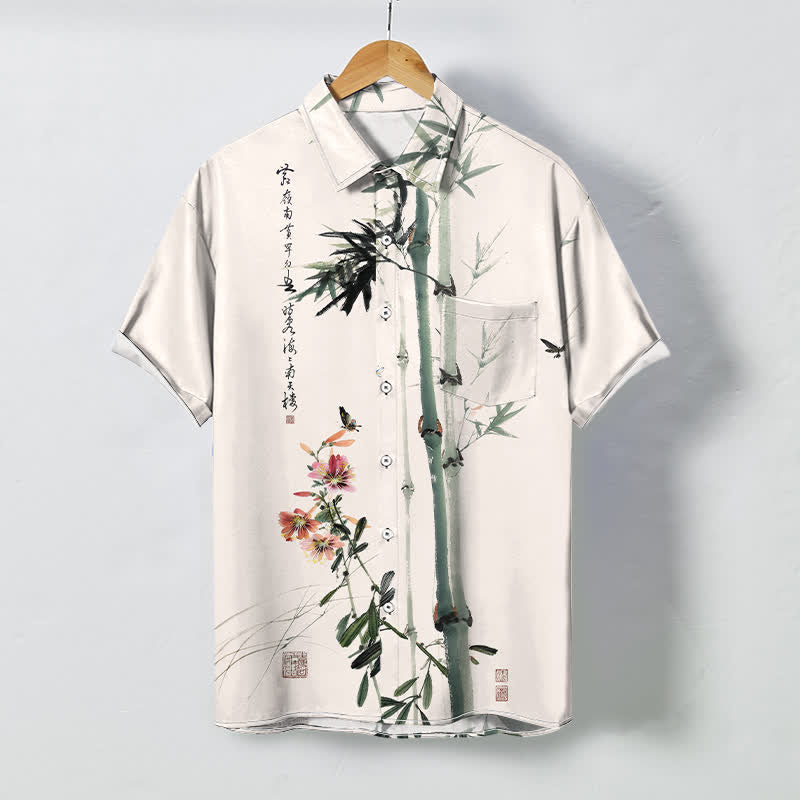 Buddha Stones 墨竹花鳥書道模様ボタン付き通気性メンズ半袖シャツ - リネン - US/UK/AU48、 EU58 (4XL) - image 0