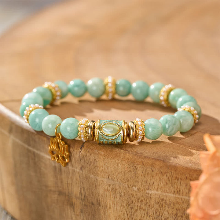 Buddha Stonesアマゾナイト エナメル バレルビーズ ロータスペンダント ラブ ハンドポリッシュ ラウンドビーズブレスレット - image 3