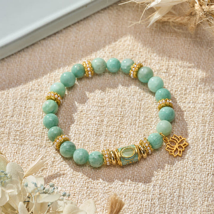 Buddha Stonesアマゾナイト エナメル バレルビーズ ロータスペンダント ラブ ハンドポリッシュ ラウンドビーズブレスレット - アマゾナイト（手首周り：15～16cm） - image 0
