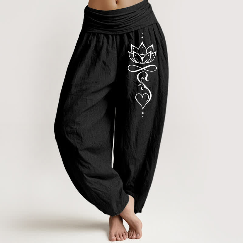 Buddha Stones 純綿ホワイトロータスラインアート柄レディースゴムウエストハーレムパンツ - 黒 - US16、 UK/AU20、 EU48 (3XL) - image 5