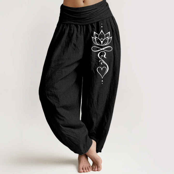 Buddha Stones 純綿ホワイトロータスラインアート柄レディースゴムウエストハーレムパンツ - 黒 - US16、 UK/AU20、 EU48 (3XL) - image 5