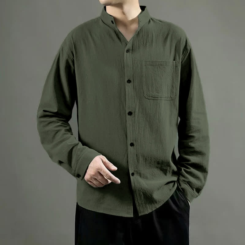 Buddha Stonesメンズ長袖シャツ（ポケット付き、スタンドカラー、快適シャツ） - オリーブドラブ - US/UK/AU46、 EU56 (5XL) - image 0