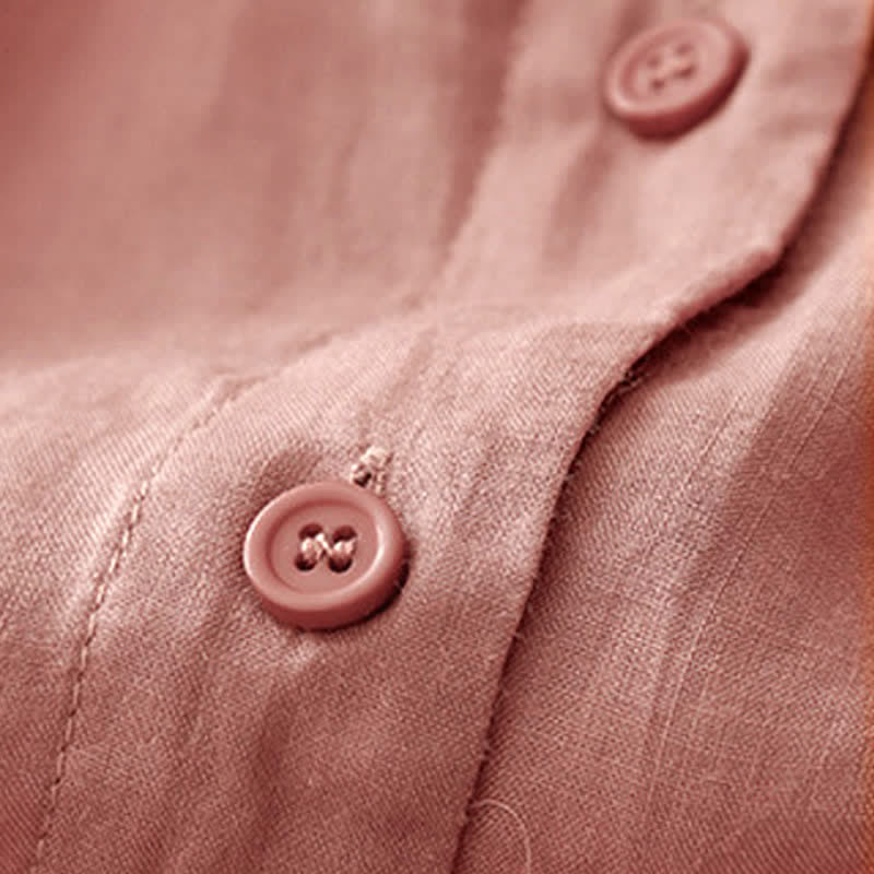 Buddha Stones無地ボタンクルーネックデザインレディースブレンド七分袖シャツ - image 10
