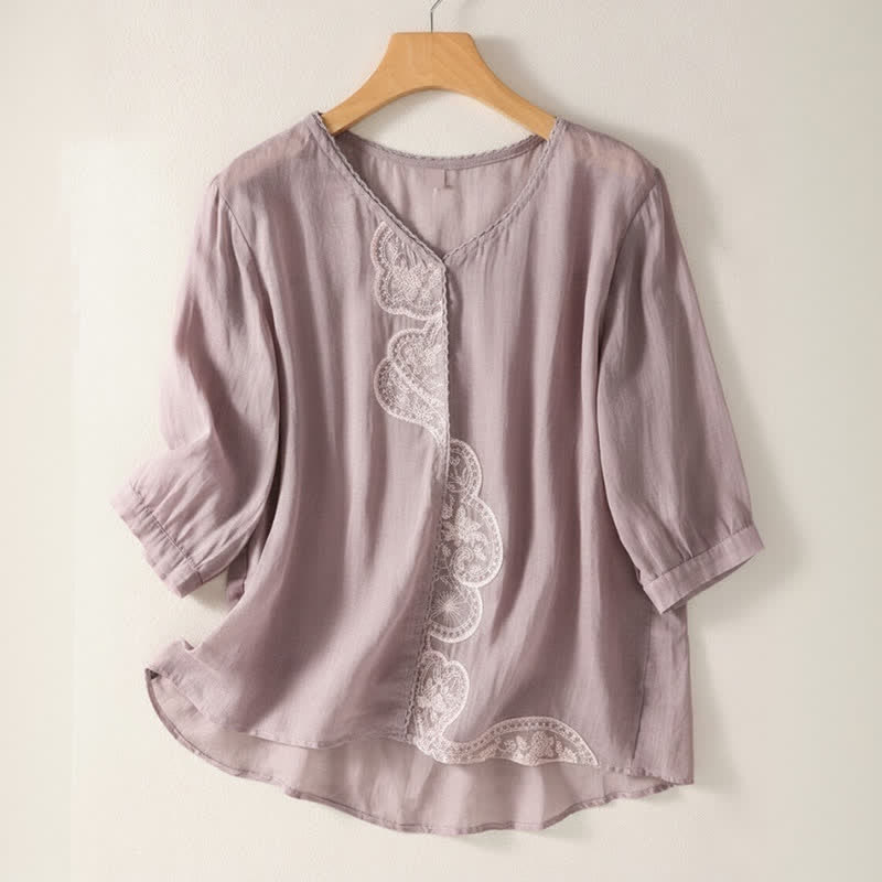 Buddha Stonesカジュアル刺繍パターン レディース Vネックデザイン ハーフスリーブ Tシャツ - 梅 - US14、 UK/AU18、 EU46 (2XL) - image 0