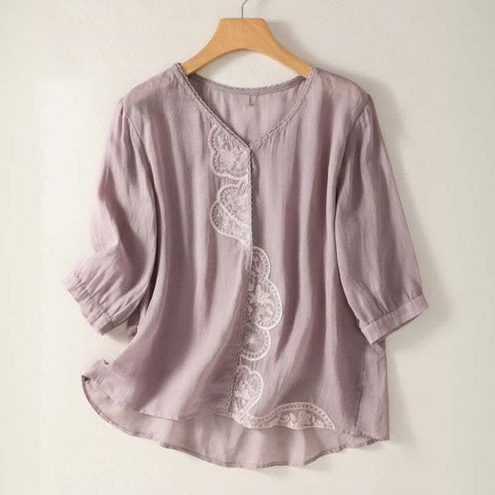 Buddha Stonesカジュアル刺繍パターン レディース Vネックデザイン ハーフスリーブ Tシャツ - 梅 - US14、 UK/AU18、 EU46 (2XL) - image 0