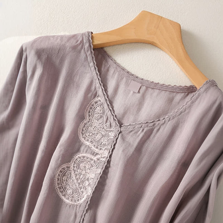 Buddha Stonesカジュアル刺繍パターン レディース Vネックデザイン ハーフスリーブ Tシャツ - image 2