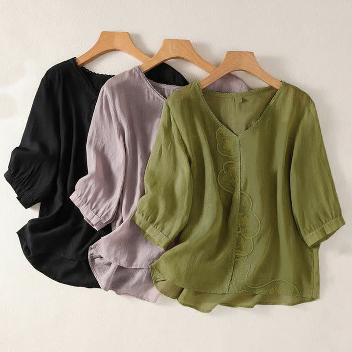 Buddha Stonesカジュアル刺繍パターン レディース Vネックデザイン ハーフスリーブ Tシャツ - image 25