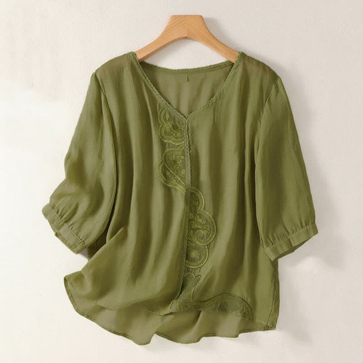 Buddha Stonesカジュアル刺繍パターン レディース Vネックデザイン ハーフスリーブ Tシャツ - 黄緑 - US14、 UK/AU18、 EU46 (2XL) - image 16