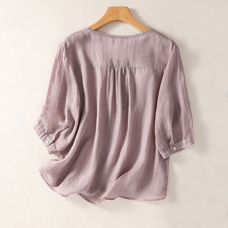 Buddha Stonesカジュアル刺繍パターン レディース Vネックデザイン ハーフスリーブ Tシャツ - image 1