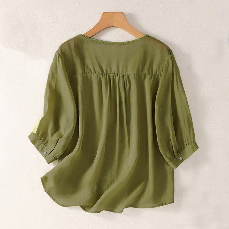 Buddha Stonesカジュアル刺繍パターン レディース Vネックデザイン ハーフスリーブ Tシャツ - image 17