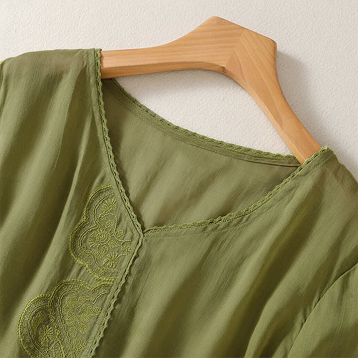 Buddha Stonesカジュアル刺繍パターン レディース Vネックデザイン ハーフスリーブ Tシャツ - image 18