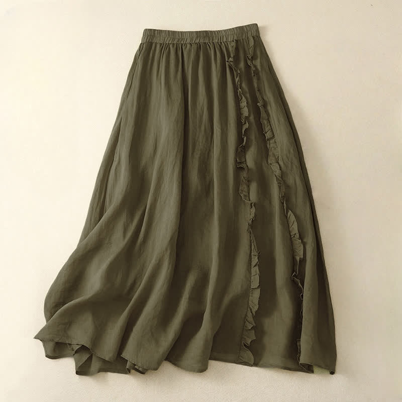 Buddha Stones夏用 無地 フリルデザイン レディーススカート - オリーブドラブ - US8-10，UK/AU12-14，EU40-42 (2XL) - image 0
