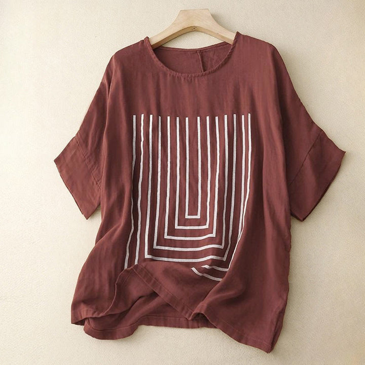 Buddha Stonesカジュアルラインプリント柄半袖コットンリネンレディースTシャツ - マルーン - US12、 UK/AU16、 EU44 (2XL) - image 7