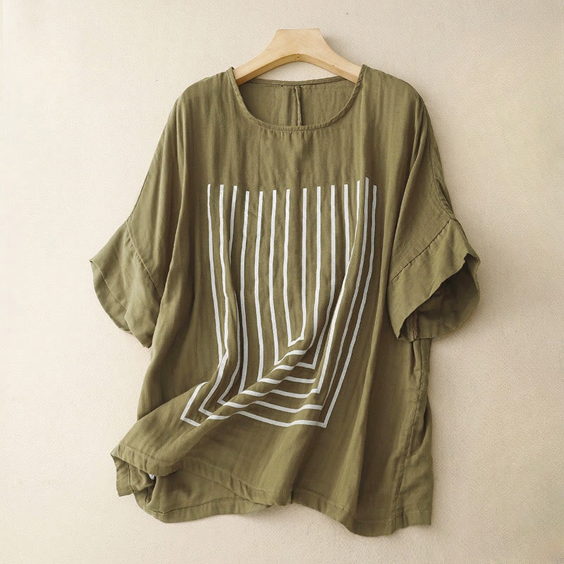 Buddha Stonesカジュアルラインプリント柄半袖コットンリネンレディースTシャツ - オリーブ - US12、 UK/AU16、 EU44 (2XL) - image 0