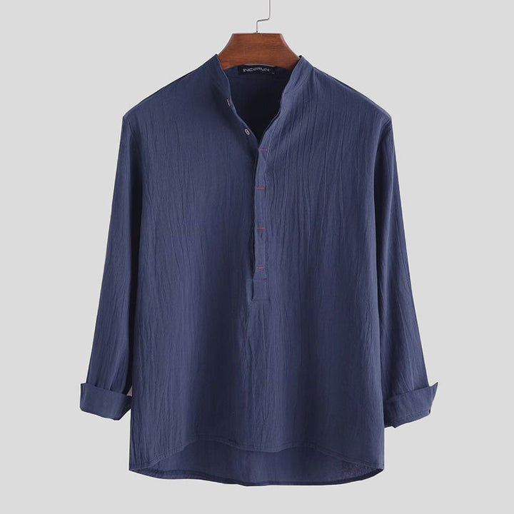 Buddha Stones無地 ハーフボタン 長袖 コットン メンズシャツ - スチールブルー - US/UK/AU42、 EU52 (3XL) - image 4