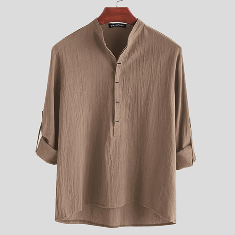 Buddha Stones無地 ハーフボタン 長袖 コットン メンズシャツ - タン - US/UK/AU42、 EU52 (3XL) - image 6