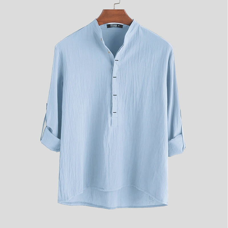 Buddha Stones無地 ハーフボタン 長袖 コットン メンズシャツ - ライトスカイブルー - US/UK/AU42、 EU52 (3XL) - image 3