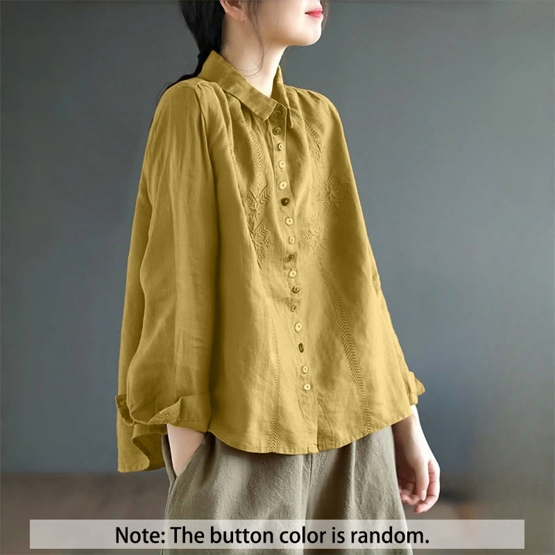 Buddha Stonesの春の刺繍入り長袖カラフルボタンラベルレディースシャツ - image 1