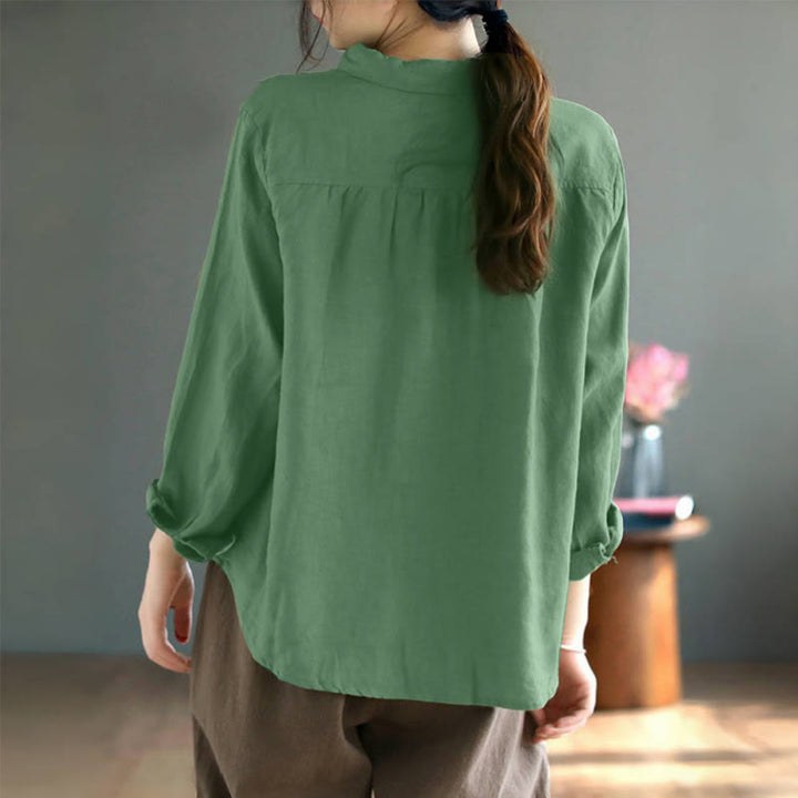 Buddha Stonesの春の刺繍入り長袖カラフルボタンラベルレディースシャツ - image 10