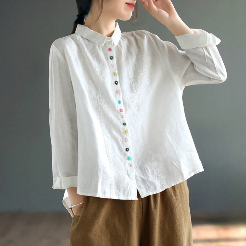 Buddha Stonesの春の刺繍入り長袖カラフルボタンラベルレディースシャツ - 白 - US8-10，UK/AU12-14，EU40-42 (2XL) - image 5