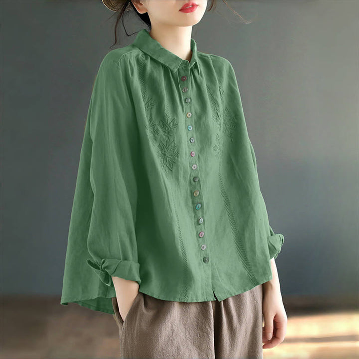 Buddha Stonesの春の刺繍入り長袖カラフルボタンラベルレディースシャツ - image 11