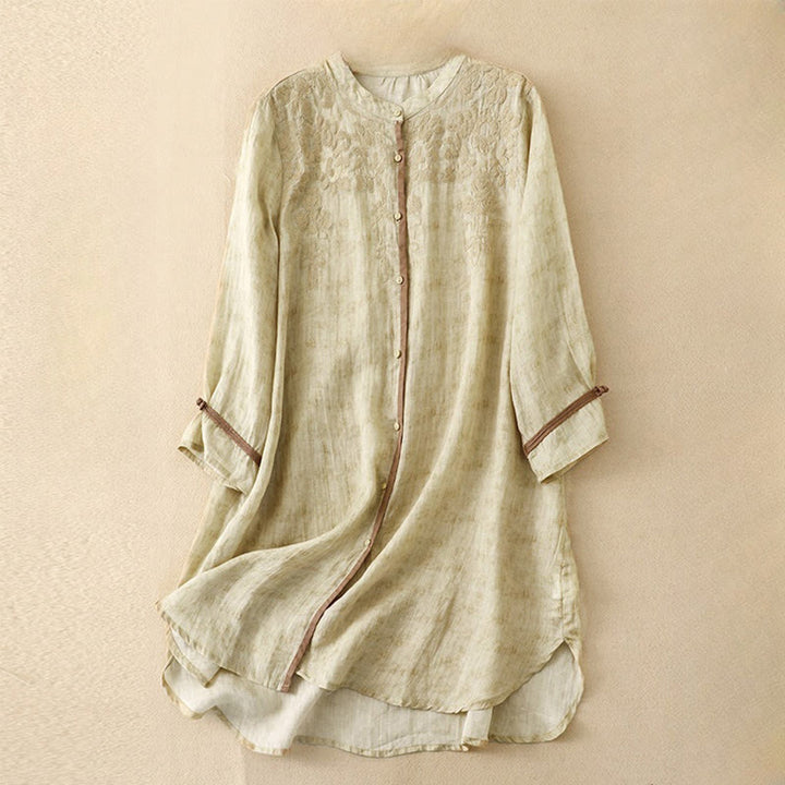 Buddha Stonesサマーカジュアル刺繍スタンドカラーデザイン七分袖ミディドレス - レモンシフォン - US8-10，UK/AU12-14，EU40-42 (2XL) - image 7