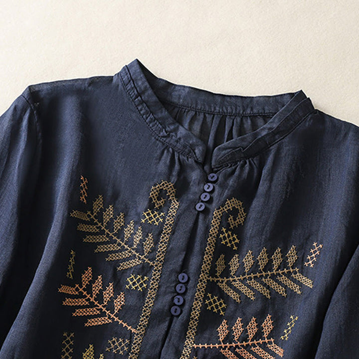 Buddha Stonesのカジュアルな芸術的な刺繍が施された葉模様のレディース七分袖シャツ - image 9