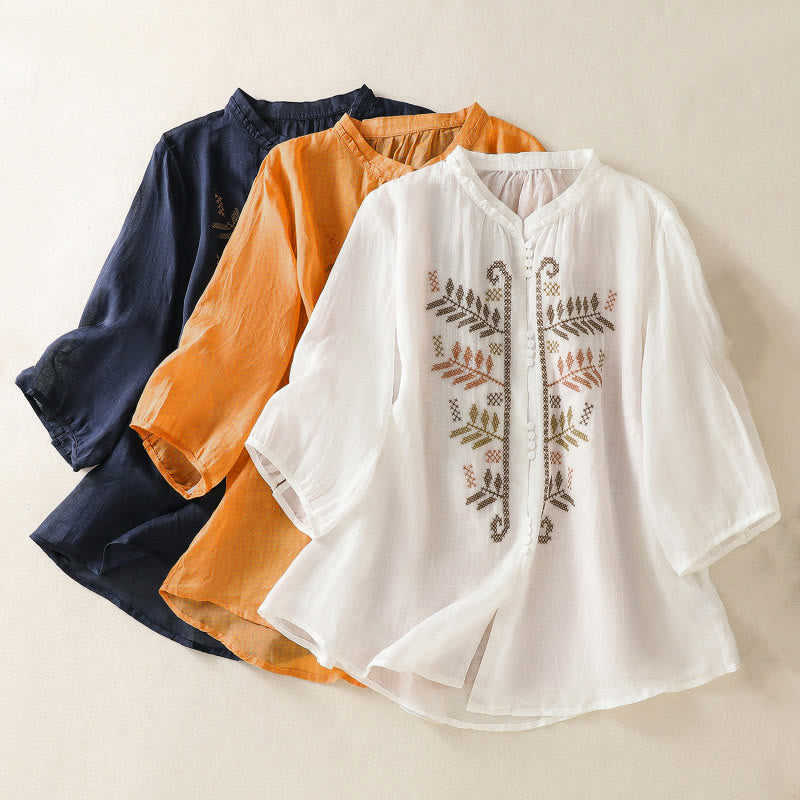 Buddha Stonesのカジュアルな芸術的な刺繍が施された葉模様のレディース七分袖シャツ - image 22