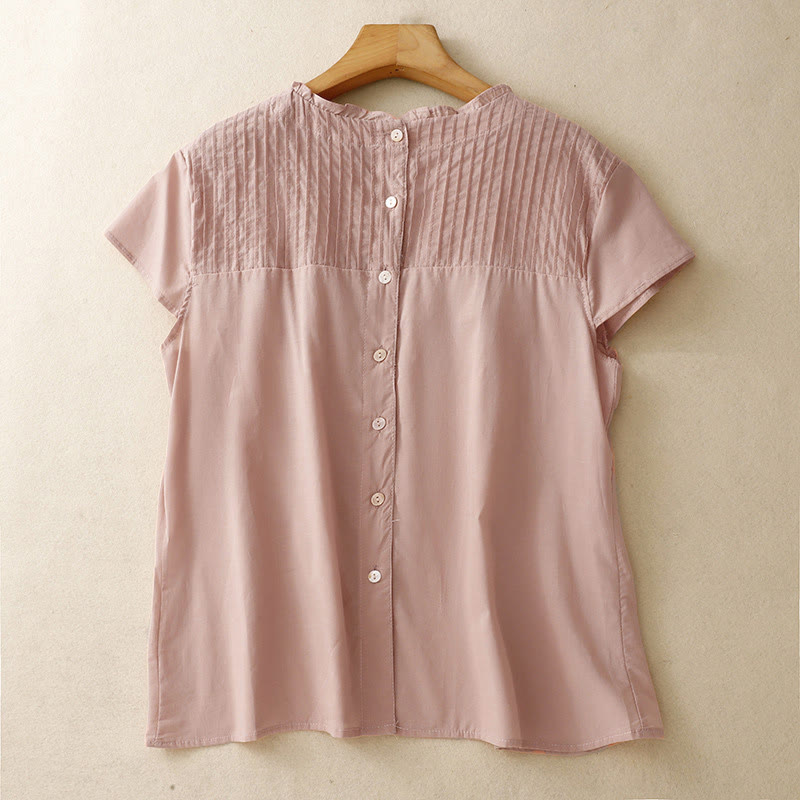 Buddha Stones夏用 無地 フリル プリーツデザイン レディース 半袖シャツ - ダークサーモン - US6、 UK/AU10、EU38（2XL） - image 0