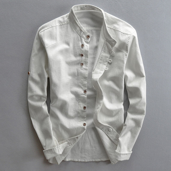 Buddha Stonesスリムフィットデザインスタンドカラークルーネックコットンリネンメンズ長袖シャツ - 白 - US/UK/AU48、EU58（7XL） - image 3