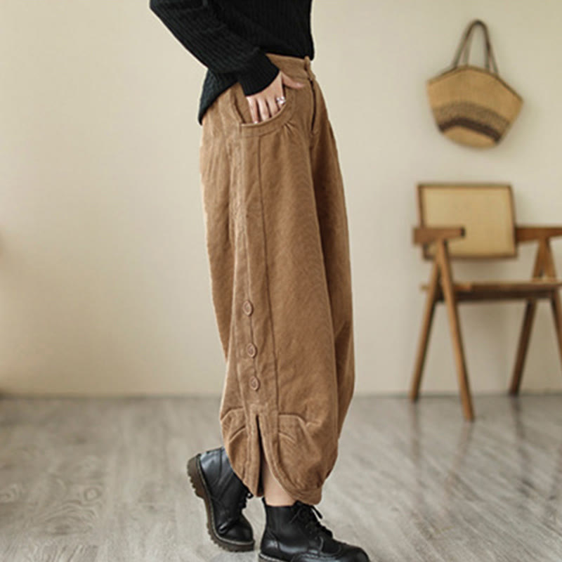 Buddha Stonesカジュアル ボタン付き 裾開きデザイン レディース コーデュロイパンツ ポケット付き - image 1